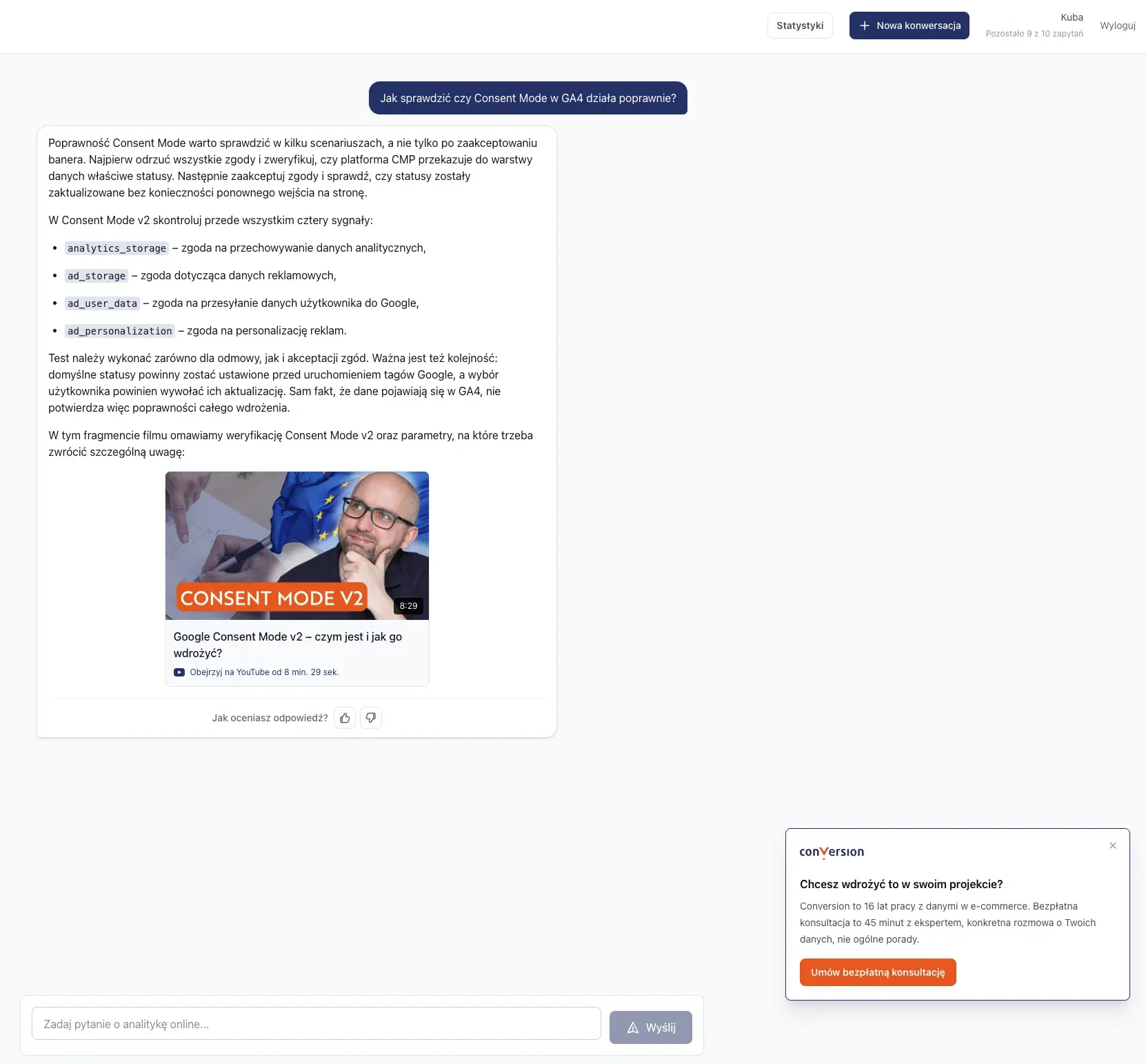 Propozycja bezpłatnej konsultacji z zespołem Conversion dostępna w aplikacji datamate