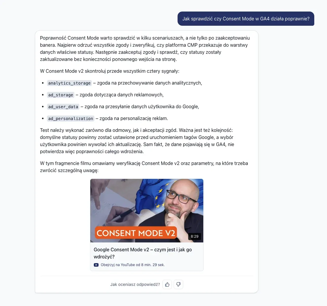 Odpowiedź datamate na pytanie o sprawdzenie Consent Mode w GA4 z odnośnikiem do nagrania Conversion