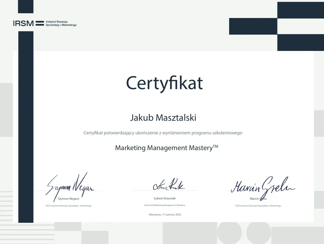 Certyfikat Kuby Masztalskiego: Marketing Management Mastery - IRSM (z wyróżnieniem)