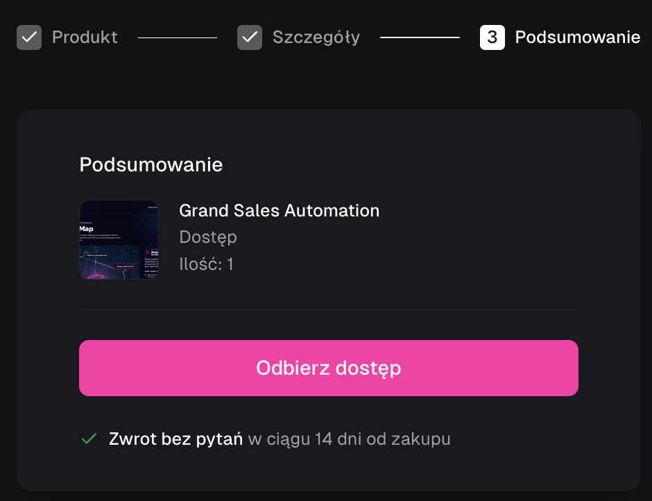 Podsumowanie koszyka Easytools dla Grand Sales Automation z przyciskiem Odbierz dostęp.